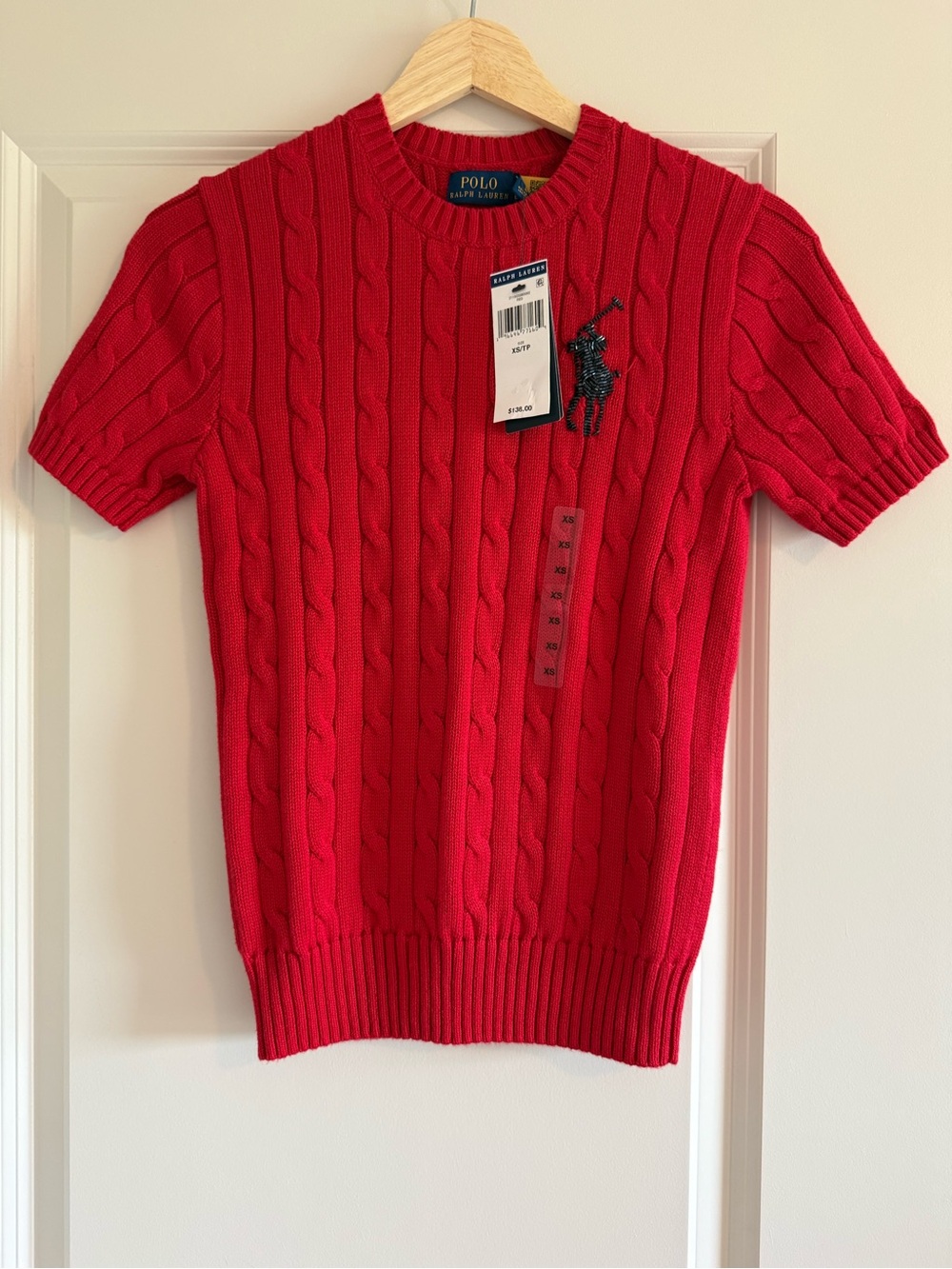NWT Polo Ralph Lauren Sweater red Cable Knit Beaded Big Pony Logo XS